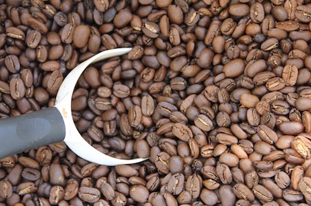 A overhead view shows a white scoop with a black handle submerged in abundant brown coffee beans.